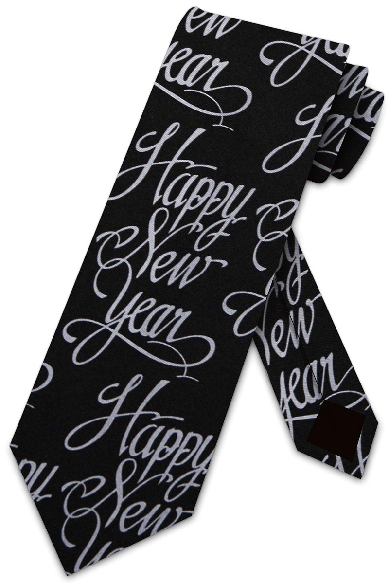Three Rooker Happy New Year Tie Black formal Necktie - Image 1